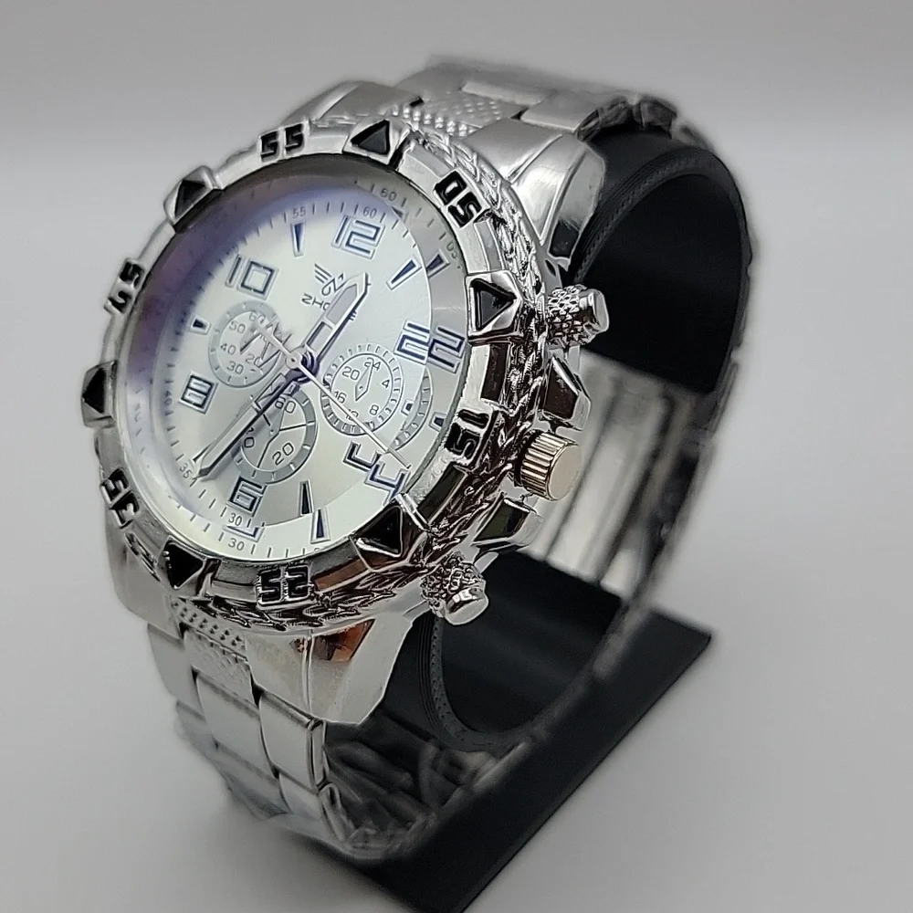 Silver Men’s 48mm Chronograph Style Quartz Watch - Silver Dial And 3 Link Band